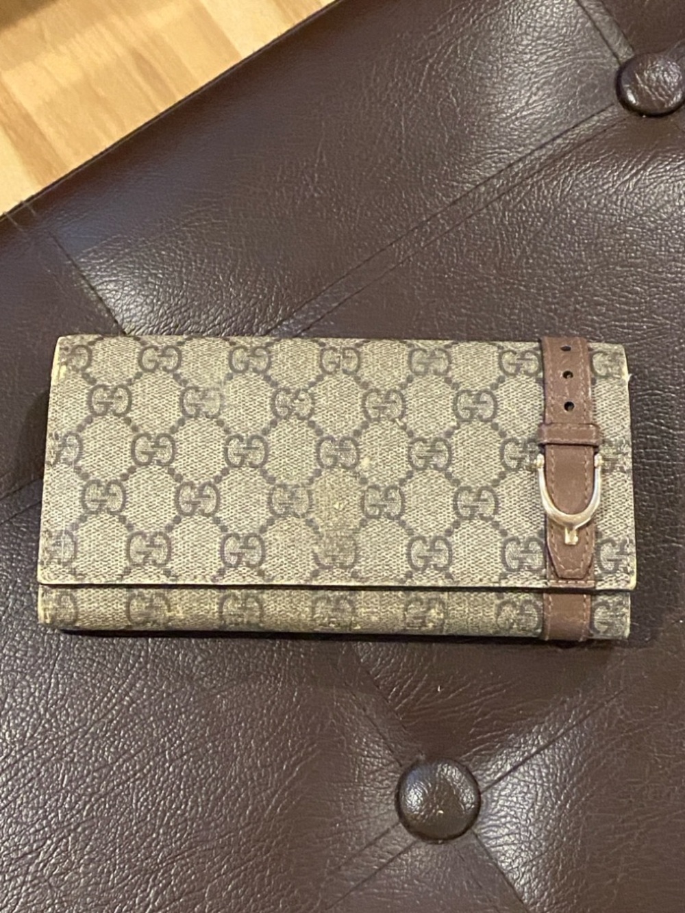 Rehab/Project!! Gucci Beige Monogram Canvas Wallet with buckle detail.